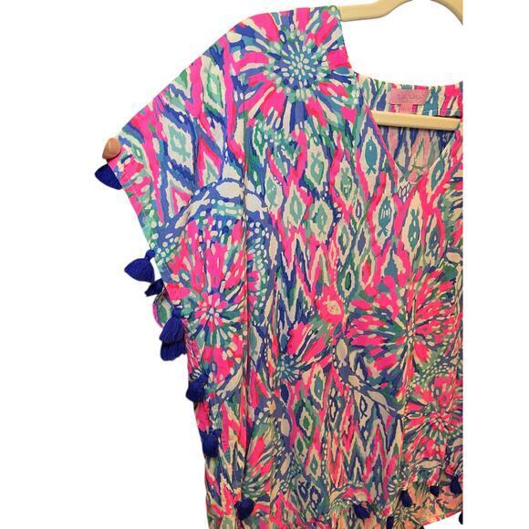 Lilly Pulitzer Women XS Top Tunic‎ Short Sleeve Sydney Caftan Pink Blue Tassels - Picture 6 of 16
